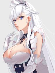 Rule 34 | 1girl, azur lane, belfast (azur lane), braid, breasts, broken, broken chain, bustier, chain, chain, cleavage, cleavage cutout, clothing cutout, double-breasted, dress, elbow gloves, frilled dress, frills, gloves, grey background, hair behind ear, highres, large breasts, long hair, maid, maid headdress, marumai, nose, purple eyes, simple background, solo, upper body, very long hair, white gloves, white hair