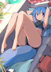 Rule 34 | 1girl, :o, armpits, arms behind head, arms up, azuumori, backpack, bag, barefoot, black shorts, black sports bra, blue hair, blue panties, breasts, commentary, couch, cushion, english commentary, fins, fish tail, full body, gym shorts, hair between eyes, highres, indoors, looking to the side, lying, mako (azuumori), medium breasts, medium hair, multicolored hair, on back, on couch, open mouth, original, panties, panty peek, plant, potted plant, red bag, red eyes, shark tail, shorts, sideboob, solo, sports bra, straight hair, striped clothes, striped panties, stuffed animal, stuffed toy, tail, thick eyebrows, two-tone hair, underwear
