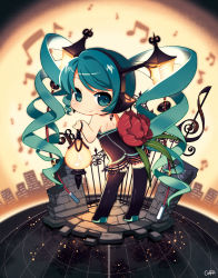 Rule 34 | 1girl, aqua eyes, aqua hair, artist name, boots, chibi, from behind, hatsune miku, lamp miku, long hair, looking back, mao yu, musical note, smile, solo, thigh boots, thighhighs, twintails, very long hair, vocaloid