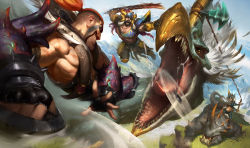 Rule 34 | 1girl, 2boys, armor, axe, bare shoulders, beard, beast hunter draven, beast hunter sejuani, beast hunter tryndamere, blurry, blurry background, buzz cut, cliff, cloud, cloudy sky, creature, draven, facial hair, fighting, fighting stance, fingerless gloves, gauntlets, gloves, grass, helmet, highres, jumping, league of legends, leg armor, long hair, monster, multiple boys, muscular, muscular male, official alternate costume, official art, open mouth, orange hair, outdoors, ponytail, rock, sejuani, short hair, shoulder pads, sky, smile, sword, teeth, tryndamere, very short hair, victor maury, weapon, whip