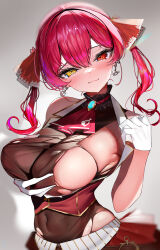 Rule 34 | 1girl, :3, armpits, arrow through heart, black choker, bow, breasts, brooch, choker, cleavage, cropped jacket, earrings, frilled choker, frills, gloves, gold trim, grabbing own breast, hair bow, hair ornament, hair ribbon, heart, heart earrings, heterochromia, highres, hololive, houshou marine, jacket, jewelry, large breasts, leotard, leotard under clothes, looking at viewer, lumium, miniskirt, pirate, red eyes, red hair, red jacket, red ribbon, red skirt, ribbon, see-through, see-through leotard, skirt, sleeveless, sleeveless jacket, torn clothes, torn leotard, twintails, virtual youtuber, white gloves, yellow eyes