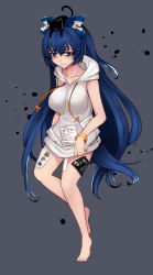 Rule 34 | 1girl, aoshima, bangle, bare arms, bare shoulders, barefoot, blue bow, blue eyes, blue hair, bow, bracelet, collarbone, commentary request, debt, drawstring, full body, hair bow, highres, hood, hoodie, jewelry, long hair, looking at viewer, no pants, simple background, solo, stuffed animal, stuffed cat, stuffed toy, touhou, very long hair, yorigami shion