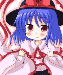 Rule 34 | 1girl, black hat, black skirt, blush, bow, capelet, clenched hands, collarbone, female focus, frills, geetsu, hat, hat bow, nagae iku, oekaki, red eyes, short hair, simple background, skirt, solo, touhou, upper body, white background