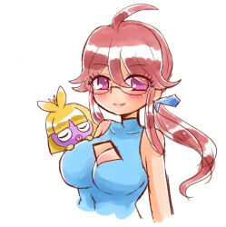 1girl ahoge animal animal_on_chest antenna_hair bare_arms blonde_hair blue_shirt breasts cleavage cleavage_cutout clothing_cutout collarbone colored_skin creatures_(company) cropped_torso game_freak gen_2_pokemon glasses large_breasts long_hair lorelei_(pokemon) nintendo pokemon pokemon_(creature) pokemon_lgpe ponytail purple_skin red_eyes red_hair shirt sidelocks sleeveless sleeveless_shirt smile smoochum swept_bangs turtleneck yukarinrice