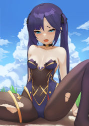 Rule 34 | 1girl, absurdres, aqua eyes, bare shoulders, blue sky, blush, breasts, choker, cloud, dolri, genshin impact, grass, highres, knee up, leotard, long hair, mona (genshin impact), no headwear, on ground, open mouth, pantyhose, purple hair, raised eyebrows, sitting, sky, small breasts, solo, tears, thighlet, thighs, torn clothes, torn pantyhose, twintails