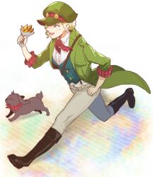 Rule 34 | 1girl, ace attorney, animal, blonde hair, blue eyes, boots, cabbie hat, dog, fish (food), fish and chips, food, full body, gina lestrade, green headwear, hat, holding, holding food, jacket, long sleeves, open mouth, pants, running, shirt, short hair, smile, the great ace attorney, toby (ace attorney), vest, waco ooo, white shirt