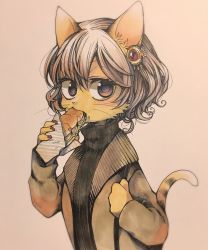 Rule 34 | 1girl, animal ears, black sweater, bob cut, brown jacket, cat ears, cat tail, eating, female focus, food, furry, furry female, hair ornament, highres, holding, holding food, ikuchi osutega, jacket, looking at viewer, nail polish, original, red nails, ribbed sweater, sandwich, short hair, silver hair, solo, sweater, tail, turtleneck, turtleneck sweater, upper body, whiskers