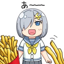Rule 34 | 1girl, blue eyes, commentary request, cowboy shot, feeding, food, french fries, hair ornament, hair over one eye, hairclip, hama! (3toshinhmkz), hamakaze (kancolle), kantai collection, looking at viewer, neckerchief, no nose, open mouth, pleated skirt, pov, school uniform, serafuku, short hair, short sleeves, silver hair, simple background, skirt, solo, white background, yellow neckerchief