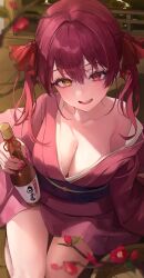 Rule 34 | 1girl, absurdres, bottle, breasts, cleavage, highres, hololive, houshou marine, nang z1, open mouth, red eyes, red hair, short hair, smile, solo, twintails, virtual youtuber, yellow eyes