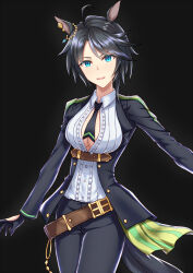 Rule 34 | 1girl, animal ears, belt, black background, black gloves, black hair, black jacket, black necktie, black pants, blue eyes, breasts, brown belt, center opening, cleavage, collared shirt, commentary, cowboy shot, ear ornament, ear piercing, frilled shirt, frills, fuji kiseki (umamusume), gloves, highres, horse ears, horse girl, jacket, large breasts, long sleeves, looking at viewer, multicolored hair, naga (pixiv70891418), necktie, no bra, open clothes, open jacket, outstretched hand, pants, parted lips, petals, piercing, shirt, short hair, simple background, smile, solo, streaked hair, umamusume, white hair, white shirt