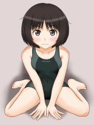 Rule 34 | 1girl, :3, amagami, between legs, blush, bob cut, breasts, brown eyes, brown hair, closed mouth, commentary, competition swimsuit, hand between legs, hands on ground, kaito (aoba1192), leaning forward, light smile, looking at viewer, messy hair, one-piece swimsuit, short hair, simple background, sitting, small breasts, solo, swimsuit, tachibana miya, tan background, wariza