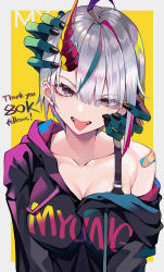 Rule 34 | 1girl, ahoge, bandaid, bandaid on shoulder, bare shoulders, black nails, blunt bangs, collarbone, colored skin, fang, framed, green hair, green skin, grey hair, head tilt, highres, hood, hood down, horns, looking at viewer, multicolored eyes, multicolored hair, myung yi, nail polish, open mouth, original, pink hair, purple hair, short hair, single horn, solo, streaked hair, text print, tongue, tongue out, upper body, white hair, yellow background