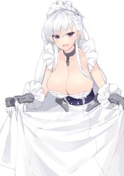 Rule 34 | 1girl, :d, absurdres, azur lane, belfast (azur lane), braid, breasts, chain, cleavage, clothes lift, collar, collarbone, dress, dress lift, frills, gauntlets, gloves, highres, ia (ias1010), large breasts, leaning forward, long hair, looking at viewer, maid, maid headdress, open mouth, purple eyes, simple background, smile, solo, white background, white dress, white gloves, white hair, white theme