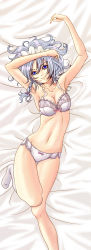 Rule 34 | 1girl, armpits, arms up, asuka asuka, bad id, bad pixiv id, bed sheet, blue eyes, bra, breasts, collarbone, colorized, female focus, fingernails, from above, genuflect (artist), hairband, highres, izayoi sakuya, lingerie, lips, long fingernails, lying, on back, panties, short hair, silver hair, smile, solo, touhou, underwear, underwear only