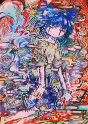 Rule 34 | 1girl, abstract, bad id, bad twitter id, barefoot, blue bow, blue hair, blue skirt, bow, bracelet, collarbone, colorful, grey shirt, hair bow, hito (nito563), jewelry, looking at viewer, shirt, short sleeves, skirt, smile, solo, touhou, yorigami shion