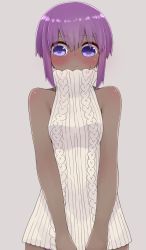 Rule 34 | 1girl, aran sweater, bare arms, bare shoulders, blush, cable knit, closed mouth, dark-skinned female, dark skin, fate/prototype, fate/prototype: fragments of blue and silver, fate (series), female focus, grey background, hair between eyes, hassan of serenity (fate), highres, i.u.y, purple eyes, purple hair, ribbed sweater, simple background, sleeveless, sleeveless sweater, sleeveless turtleneck, smile, solo, sweat, sweater, turtleneck, turtleneck sweater, upper body, white sweater