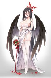 Rule 34 | 1girl, absurdres, alternate costume, bare shoulders, black hair, black wings, blue archive, blush, bouquet, breasts, cleavage, closed mouth, collarbone, dress, feathered wings, flower, full body, garter straps, gloves, hair between eyes, hair ornament, halo, hasumi (blue archive), high heels, highres, large breasts, long hair, looking at viewer, low wings, petals, picter, red eyes, red flower, rose, simple background, solo, standing, thighhighs, thighs, very long hair, wedding dress, white dress, white gloves, wings