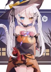 Rule 34 | 1girl, animal ears, bare shoulders, black collar, black ribbon, blue eyes, cat ears, cat girl, cat tail, collar, commentary request, detached sleeves, hair ornament, hairclip, halloween, halloween bucket, hat, heterochromia, highres, original, ribbon, ringouulu, solo, tail, twintails, white hair, witch hat, yellow eyes