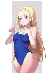 Rule 34 | 1girl, absurdres, bare arms, bare shoulders, blonde hair, blue eyes, blue one-piece swimsuit, blurry, bokeh, breasts, chinese commentary, clam shell, collarbone, competition school swimsuit, constricted pupils, covered navel, cowboy shot, depth of field, forehead, highres, holding, joehi, kofune ushio, long hair, looking at viewer, medium breasts, one-piece swimsuit, parted lips, school swimsuit, seashell, shadow, shell, signature, simple background, solo, summertime render, swimsuit, thighs, two-tone background