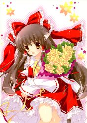 Rule 34 | 1girl, absurdres, bow, brown hair, detached sleeves, female focus, flower, hakurei reimu, halftone, halftone background, highres, japanese clothes, long hair, miko, plant, shigunyan, solo, touhou, white background, yellow eyes