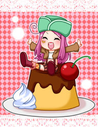 Rule 34 | 1girl, chibi, female focus, food, hat, i7zuma, jewelry bonney, one piece, patterned legwear, pink hair, plaid, plaid background, shorts, sitting, smile, solo, suspenders, thighhighs