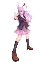 Rule 34 | 1girl, animal ears, blazer, highres, jacket, long hair, looking at viewer, musyne xsk, necktie, pointing, pointing at viewer, purple hair, purple legwear, rabbit ears, red eyes, reisen udongein inaba, simple background, skirt, solo, touhou, white background