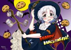 Rule 34 | 1girl, artist name, bat (animal), blush, full moon, halloween, halloween background, halloween costume, hat, highres, hirato (kancolle), kantai collection, moon, pumpkin, purple background, rod, senon, short hair, solo, stick, white hair, witch, witch hat