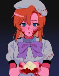 Rule 34 | 1girl, asymmetrical bangs, beret, blood, blood on clothes, blood on face, blood on hands, blue background, blue eyes, bow, breasts, commentary request, dress, empty eyes, gradient background, hat, higurashi no naku koro ni, holding, looking at viewer, medium breasts, orange hair, parted lips, puffy short sleeves, puffy sleeves, purple bow, ryuuguu rena, short hair, short sleeves, solo, upper body, white dress, white hat, yuno ff