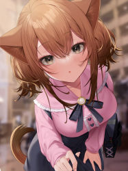 Rule 34 | 1girl, absurdres, animal ear fluff, animal ears, bag, black bow, black skirt, blurry, blurry background, blush, bow, breasts, brown eyes, brown hair, center frills, collared shirt, commentary request, day, depth of field, frilled shirt collar, frills, haiba 09, hair between eyes, highres, leaning forward, looking at viewer, medium breasts, nekoseki rion (haiba 09), original, outdoors, parted lips, pink shirt, shirt, shoulder bag, skirt, solo, tail, twintails