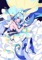 Rule 34 | 1girl, absurdres, asymmetrical footwear, aurorus, bare shoulders, baton, blue eyes, blue hair, boots, commentary, creatures (company), dress, frilled dress, frills, game freak, gen 6 pokemon, gloves, hatsune miku, heavy ball, high heel boots, high heels, highres, jewelry, kisumi rei, looking at viewer, nintendo, pendant, poke ball, pokemon, pokemon (creature), project voltage, ring, rock miku (project voltage), signature, symbol-only commentary, tiara, twitter username, veil, vocaloid, white gloves