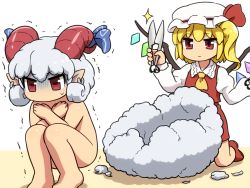 Rule 34 | 2girls, animal ears, blonde hair, bow, chibi, clothed female nude female, completely nude, crossed arms, crystal, expressionless, flandre scarlet, gloom (expression), grey hair, hat, holding, horizontal pupils, horn bow, horn ornament, horns, kneeling, long sleeves, looking at another, medium hair, mob cap, multiple girls, nude, pointy ears, red eyes, red horns, red skirt, red vest, shears, sheep horns, shirosato, side ponytail, skirt, skirt set, squatting, touhou, toutetsu yuuma, trembling, turn pale, vest, wings, wool
