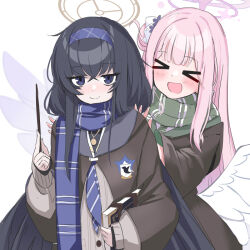 Rule 34 | &gt; &lt;, 2girls, :d, angel wings, black hair, blue archive, book, check copyright, coat, copyright request, hairband, halo, harry potter (series), holding, holding book, mika (blue archive), multiple girls, o (rakkasei), open mouth, pink hair, purple eyes, scarf, simple background, smile, ui (blue archive), white background, wings, wizarding world, xd