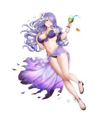 Rule 34 | 1girl, bikini, bracelet, breasts, camilla (fire emblem), camilla (summer) (fire emblem), cleavage, cup, drinking glass, feet, female focus, fire emblem, fire emblem fates, fire emblem heroes, flower, food, fruit, full body, hair flower, hair ornament, hair over one eye, highres, holding, jewelry, large breasts, long hair, matching hair/eyes, nail polish, navel, nintendo, official art, orange (fruit), orange slice, purple eyes, purple hair, purple nails, sandals, sarong, sideboob, solo, swimsuit, toenail polish, toenails, toes, torn clothes, transparent background