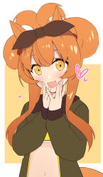 Rule 34 | 1girl, :d, absurdres, animal ears, blush, borrowed hairstyle, brown background, brown ribbon, cinnamiku hairstyle, crop top, fur-trimmed jacket, fur trim, green jacket, hair between eyes, hair ribbon, hands up, highres, horse ears, horse girl, horse tail, jacket, long sleeves, looking at viewer, mayano top gun (umamusume), navel, open clothes, open jacket, open mouth, orange hair, own hands together, partner (kprtnr), puffy long sleeves, puffy sleeves, ribbon, sleeves past wrists, smile, solo, tail, two-tone background, umamusume, upper body, white background, yellow eyes