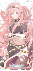 Rule 34 | 1girl, bare shoulders, barefoot, black thighhighs, blue eyes, blush, breasts, detached sleeves, female focus, headphones, headset, highres, large breasts, long hair, long skirt, looking at viewer, megurine luka, midriff, pink hair, side slit, skirt, smile, solo, thighhighs, vocaloid, yeounsi