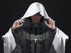 Rule 34 | 1boy, black background, black hair, cassock, clerical collar, cross, cross necklace, fate/grand order, fate (series), jewelry, kotomine kirei, long sleeves, looking at viewer, male focus, necklace, priest, rasputin (fate), short hair, simple background, smile, stole, tnaym, upper body