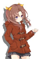 Rule 34 | 10s, 1girl, ahoge, brown hair, coat, cowboy shot, duffel coat, hair ribbon, hand in pocket, highres, hood, hood down, kagerou (kancolle), kantai collection, long hair, long sleeves, looking at watch, moku (kosokoso80114), no gloves, purple eyes, ribbon, shadow, simple background, skirt, solo, twintails, waiting, watch, white background