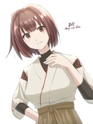 Rule 34 | 1girl, black shirt, brown eyes, brown hair, brown hakama, hakama, highres, hyuuga (kancolle), japanese clothes, kantai collection, one-hour drawing challenge, shirt, short hair, simple background, solo, twitter username, undershirt, upper body, white background, wiwo