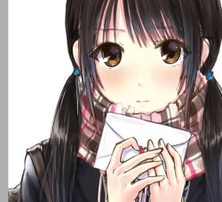 Rule 34 | 1girl, black hair, blush, brown eyes, kazuharu kina, letter, looking at viewer, love letter, low twintails, original, plaid, plaid scarf, portrait, scarf, solo, twintails