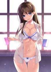 Rule 34 | 1girl, :d, backlighting, blue bow, blue eyes, blush, boku no kanojo sensei, bow, bra, breasts, brown hair, buttons, cleavage, collarbone, collared shirt, commentary request, cowboy shot, cup, day, dress shirt, fingernails, frilled bra, frilled panties, frills, fujiki maka, gluteal fold, groin, hair between eyes, head tilt, highres, holding, holding cup, indoors, large breasts, lens flare, long hair, looking at viewer, mug, navel, no pants, open clothes, open mouth, open shirt, oryo (oryo04), panties, shirt, simple background, smile, solo, standing, unbuttoned, underwear, white bra, white panties, white shirt, window, wing collar