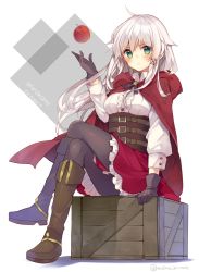 Rule 34 | &gt;:(, 1girl, anceril sacred, annoyed, apple, black gloves, blush, boots, box, brown footwear, brown gloves, cape, cloak, corset, crossed legs, food, frown, fruit, full body, gloves, green eyes, hair ornament, knee boots, long hair, looking at viewer, mishima kurone, on box, original, pantyhose, parted lips, serious, sitting, sitting on box, solo, twitter username, underbust, v-shaped eyebrows, white background, white hair