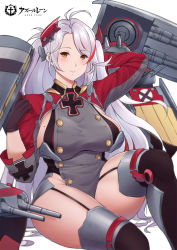 Rule 34 | 1girl, artillery, azur lane, breasts, brown gloves, buttons, garter straps, gloves, headgear, highres, large breasts, light purple hair, long hair, looking at viewer, mole, mole on breast, multicolored hair, omenion, pelvic curtain, prinz eugen (azur lane), red hair, rigging, sideboob, simple background, solo, streaked hair, thighhighs, thighs, turret, two-tone hair, very long hair, white background