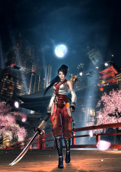 Rule 34 | 1girl, 3d, architecture, black hair, boots, breasts, bridge, brown eyes, cherry blossoms, city, detached sleeves, east asian architecture, fingerless gloves, gloves, highres, japanese clothes, large breasts, long hair, momiji (ninja gaiden), moon, naginata, ninja gaiden, ninja gaiden: dragon sword, ninja gaiden sigma, ninja gaiden sigma 2, official art, pagoda, polearm, ponytail, solo, statue, tecmo, weapon