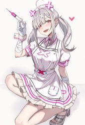 Rule 34 | 1girl, absurdres, bandages, blush, dress, gloves, hair ornament, hairclip, hat, heart, highres, holding, holding weapon, laughing, looking at viewer, mole, mole under eye, nijisanji, nurse, nurse cap, open mouth, purple eyes, sandals, simple background, smile, solo, sukoya kana, tamago (eva1314056), twintails, virtual youtuber, weapon, white hair