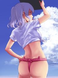 Rule 34 | 10s, 1girl, alternate costume, arm up, ass, blue eyes, blue sky, cloud, cloudy sky, commentary request, day, from behind, fundoshi, hand on own hip, ishii hisao, japanese clothes, kantai collection, kashima (kancolle), loincloth, mizu happi, outdoors, shirt, sky, solo, standing, twintails, white hair, white shirt