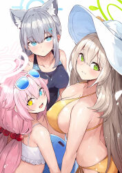 Rule 34 | 3girls, ahoge, animal ear fluff, animal ears, bikini, blue-tinted eyewear, blue archive, blue eyes, breasts, competition swimsuit, cross hair ornament, extra ears, eyewear on head, frilled bikini, frills, green eyes, grey hair, hair bobbles, hair ornament, halo, hat, heterochromia, highres, hoshino (blue archive), hoshino (swimsuit) (blue archive), inflatable toy, inflatable whale, large breasts, light brown hair, long hair, looking at viewer, looking back, low twintails, medium breasts, medium hair, mismatched pupils, mou tama maru, multiple girls, nonomi (blue archive), nonomi (swimsuit) (blue archive), official alternate costume, one-piece swimsuit, open mouth, pink hair, shiroko (blue archive), shiroko (swimsuit) (blue archive), side-tie bikini bottom, simple background, smile, sun hat, sunglasses, swimsuit, tinted eyewear, twintails, white background, white bikini, wolf ears, yellow bikini, yellow eyes