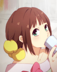 Rule 34 | 1girl, amami haruka, bare shoulders, brown hair, cup, drinking, female focus, green eyes, hair ornament, idolmaster, idolmaster (classic), nail polish, nogoodlife, portrait, short hair, solo