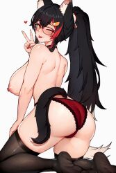 Rule 34 | 1girl, animal ear fluff, animal ears, ass, black hair, blush, breasts, glasses, hair between eyes, highres, hololive, lace, lace-trimmed panties, lace trim, large breasts, lingerie, long hair, looking at viewer, multicolored hair, nail polish, nipples, ookami mio, panties, red hair, red panties, smile, solo, streaked hair, tail, thighhighs, topless, underwear, underwear only, variant set, varniskarnis, virtual youtuber, wolf ears, wolf girl, wolf tail, yellow eyes