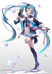 Rule 34 | 1girl, absurdres, aqua eyes, aqua hair, bad id, bad pixiv id, gloves, gradient background, hatsune miku, high heels, highres, hoshima, long hair, magical mirai (vocaloid), magical mirai miku, magical mirai miku (2015), microphone, open mouth, reflection, ribbon, smile, solo, thigh strap, thighhighs, twintails, very long hair, vocaloid