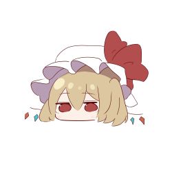 Rule 34 | 1girl, blonde hair, blush, bow, chibi, flandre scarlet, hair between eyes, hat, highres, jitome, looking at viewer, mob cap, no mouth, r utchi, red eyes, simple background, solo, touhou, white background, white hat, wings